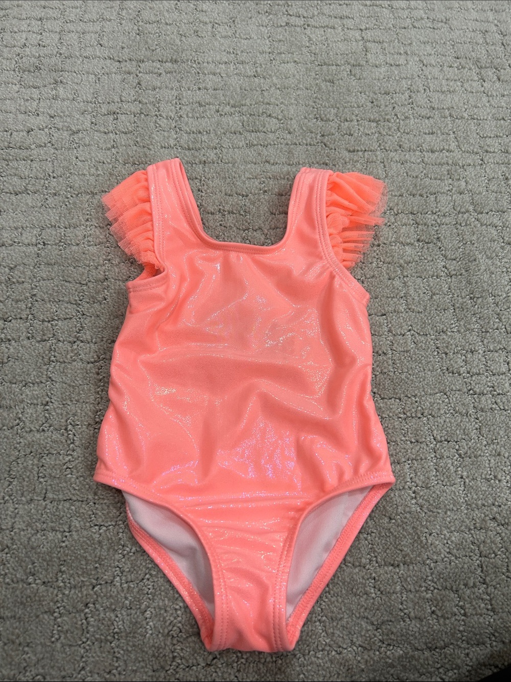 Cat & Jack Girls Coral Pink Shimmer One-Piece Swimsuit with Ruffle Sleeves